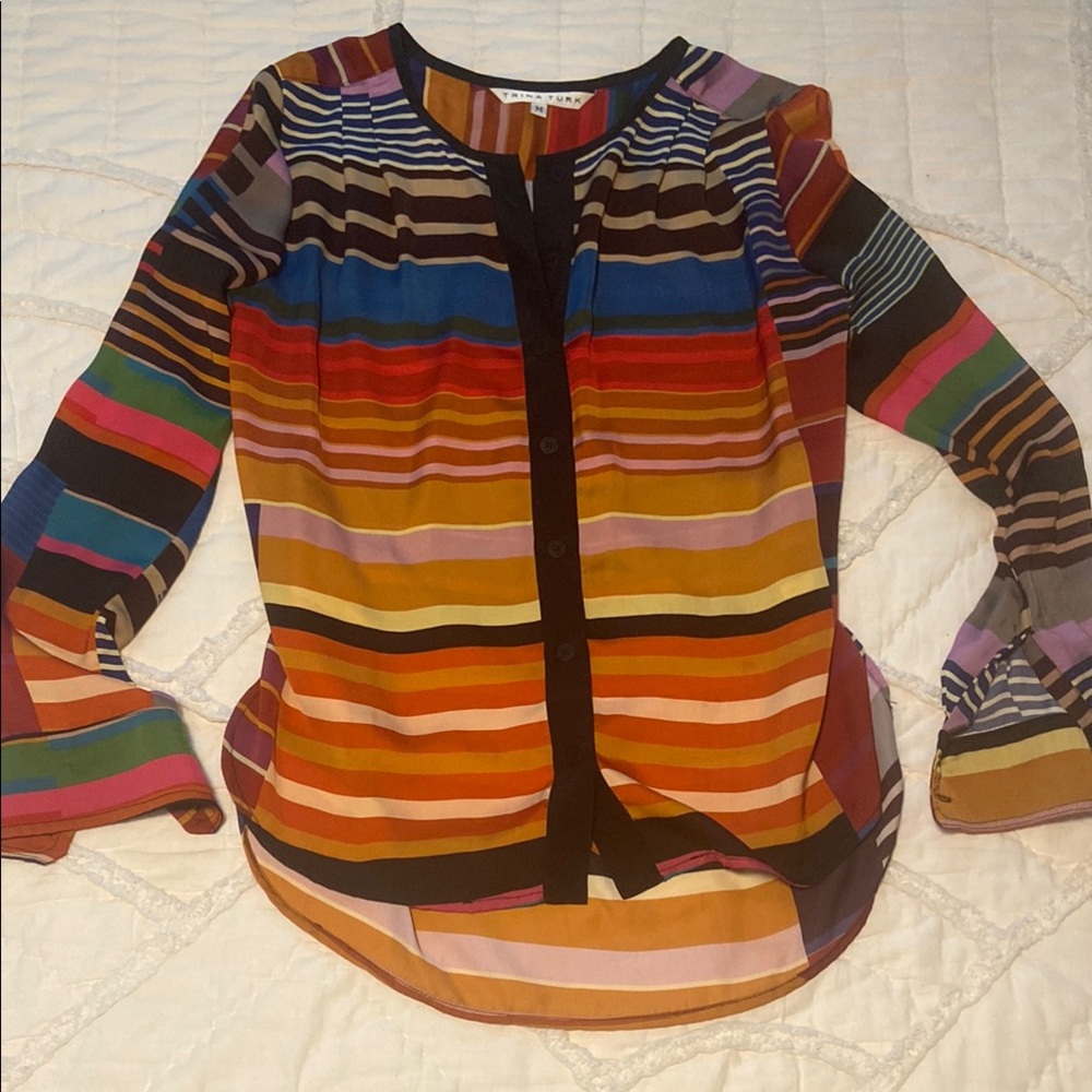 Trina Turk 100% Silk Multicolor Striped Button-Front Blouse